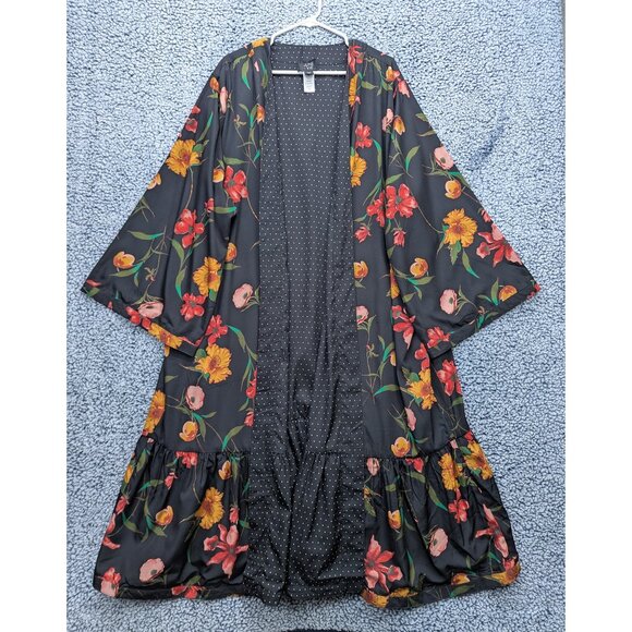 June + Vie Floral Reversible Kimono Duster Size 1X 22/24 Polka Dot Satin Black - Picture 2 of 12